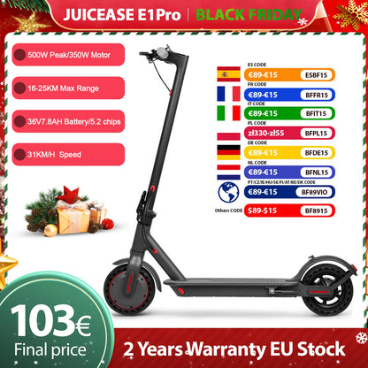JUICEASE E1 Pro Electric Scooter 350W Motor 500W Peak Power Folding Electric Kick Scooter 36V7.8AH 5.2 Chips 25KM Range EScooter