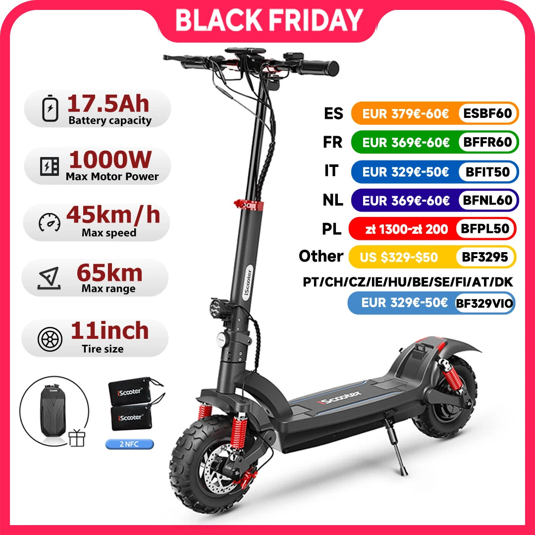iScooter Electric Scooter 11inch Off-Road 48V17.5Ah 1000W Rear-Wheel Drive Scooter Max Speed 45km/h Range 65km Foldable eScooter
