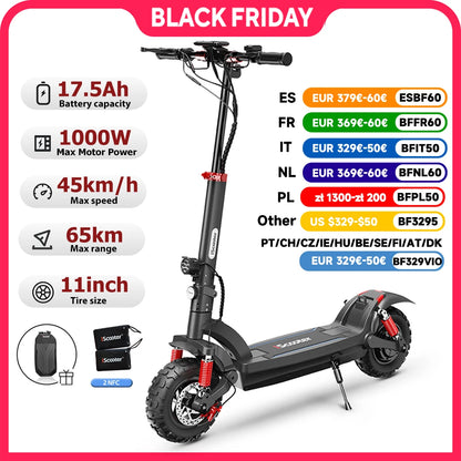 iScooter Electric Scooter 11inch Off-Road 48V17.5Ah 1000W Rear-Wheel Drive Scooter Max Speed 45km/h Range 65km Foldable eScooter