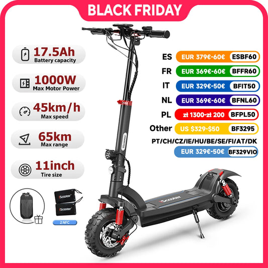 iScooter Electric Scooter 11inch Off-Road 48V17.5Ah 1000W Rear-Wheel Drive Scooter Max Speed 45km/h Range 65km Foldable eScooter