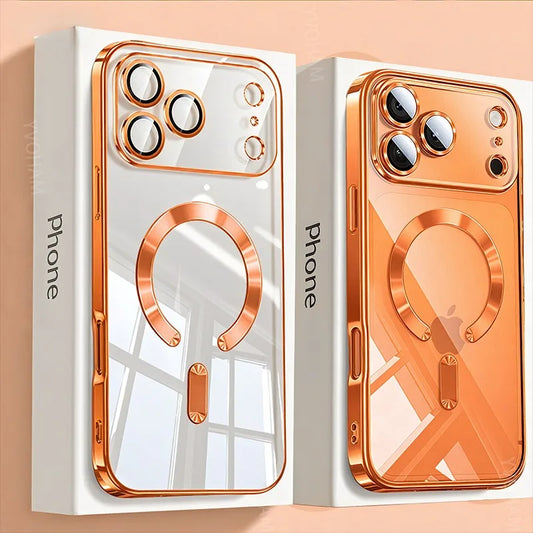 Fashion Orange Magnetic Clear Case For iPhone Air 17 16 15 14 13 12 11 Pro Max Plus Wireless Charge Plating Soft Business Cover