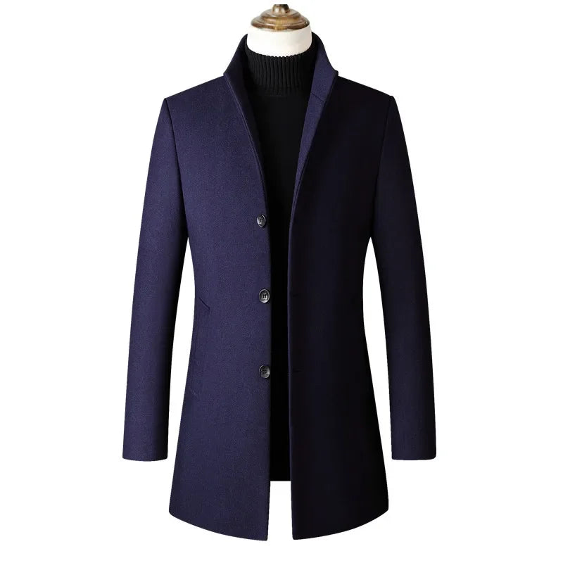 Autumn Winter Men's Woolen Coat Long Stand Collar Single Button Men's Jacket Loose Fit Chinese Brand Fashion Outerwear