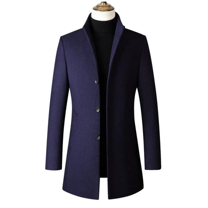 Autumn Winter Men's Woolen Coat Long Stand Collar Single Button Men's Jacket Loose Fit Chinese Brand Fashion Outerwear