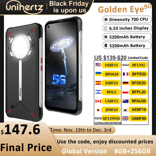 Unihertz Golden Eye 5g Ultra Slim Rugged Smartphone Camping Light 8GB 256GB 64MP Camera Cell Phone, Mobile Phone,30W ,5200mAh