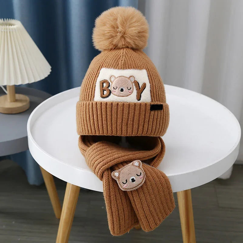 2Pcs/Set Baby Hat Scarf Cute Pompom Winter Woolen Knitted Warm Beanie Kids Boys Girls Cartoon Bear Crochet Cap Scarves