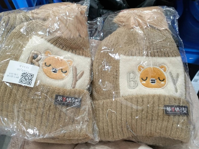 2Pcs/Set Baby Hat Scarf Cute Pompom Winter Woolen Knitted Warm Beanie Kids Boys Girls Cartoon Bear Crochet Cap Scarves