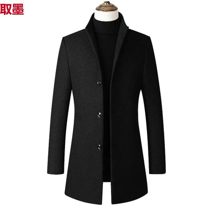 Autumn Winter Men's Woolen Coat Long Stand Collar Single Button Men's Jacket Loose Fit Chinese Brand Fashion Outerwear