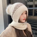 Winter Womens Knitted Hat Double Warm Padded Thickened Hat Scarf One Wool Knitting Net Red Wind and Snow Beanies Hats