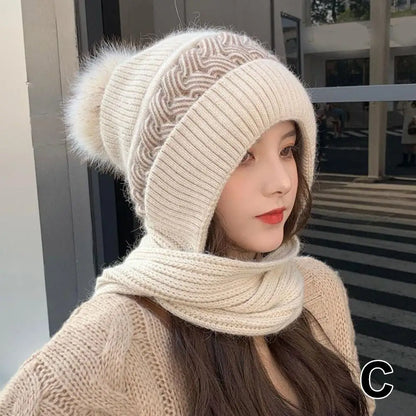 Winter Womens Knitted Hat Double Warm Padded Thickened Hat Scarf One Wool Knitting Net Red Wind and Snow Beanies Hats