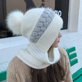 Winter Womens Knitted Hat Double Warm Padded Thickened Hat Scarf One Wool Knitting Net Red Wind and Snow Beanies Hats