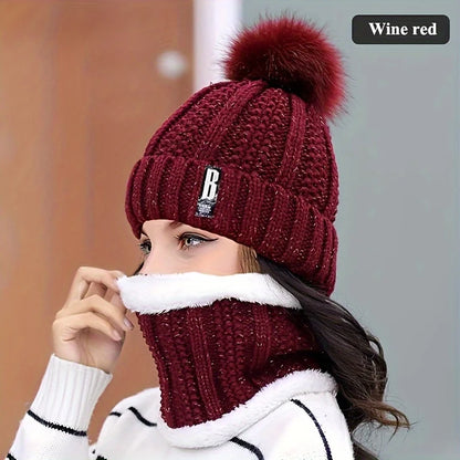 1Set Winter Warm Knit Hat Set Winter Hat Thick Plush Windproof Cold Casual-Windproof Warm Casual Hat with Scarf