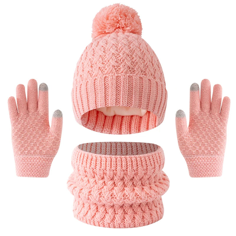 3pc3-12Y solid color, fleece and thickened children's, boys' and girls' hats, scarves and gloves set