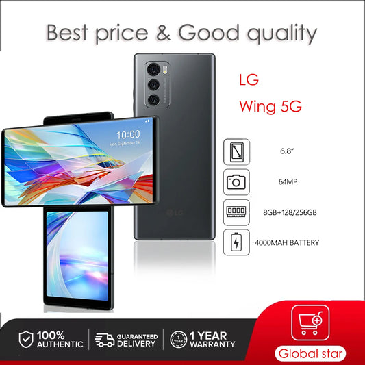 LG Wing 5G F100 Original Unlocked Single Sim 8GB RAM+128/256GB Octa-core 64MP 6.8'' 4000mAh Android 10 NFC FM QC4 Smartphone