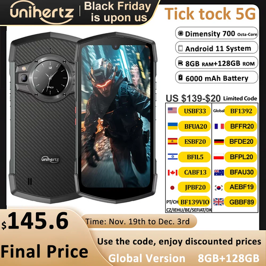 Unihertz Tick Tock Rugged Smartphone 5G 128/256GB Cellphone 6000mAh Android 6.5 inch Phone with Dual-Screen 48MP Camera IP68
