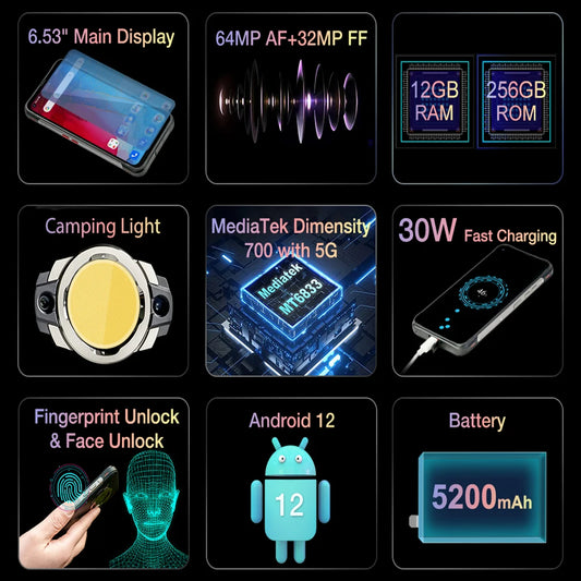 Unihertz Golden Eye 5g Ultra Slim Rugged Smartphone Camping Light 8GB 256GB 64MP Camera Cell Phone, Mobile Phone,30W ,5200mAh