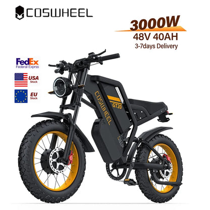 دراجة كهربائية Coswheel GT20 Pro 3000 واط 48 فولت 40 أمبير/ساعة دراجة كهربائية بمدى أقصى 145 ميلاً بإطارات سميكة دراجة جبلية كهربائية للبالغين على الطرق الوعرة 