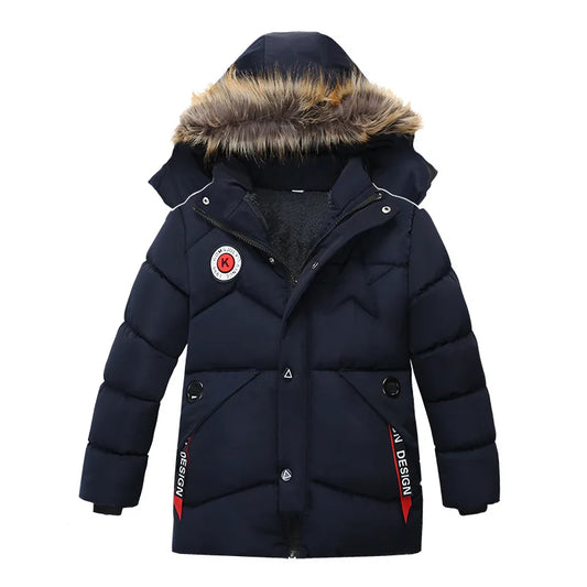 2-8 Years Winter Boys Jacket Thick Keep Warm Lining Plush Detachable Hat Hooded Fur Collar Coat For Kids Children Outerwear