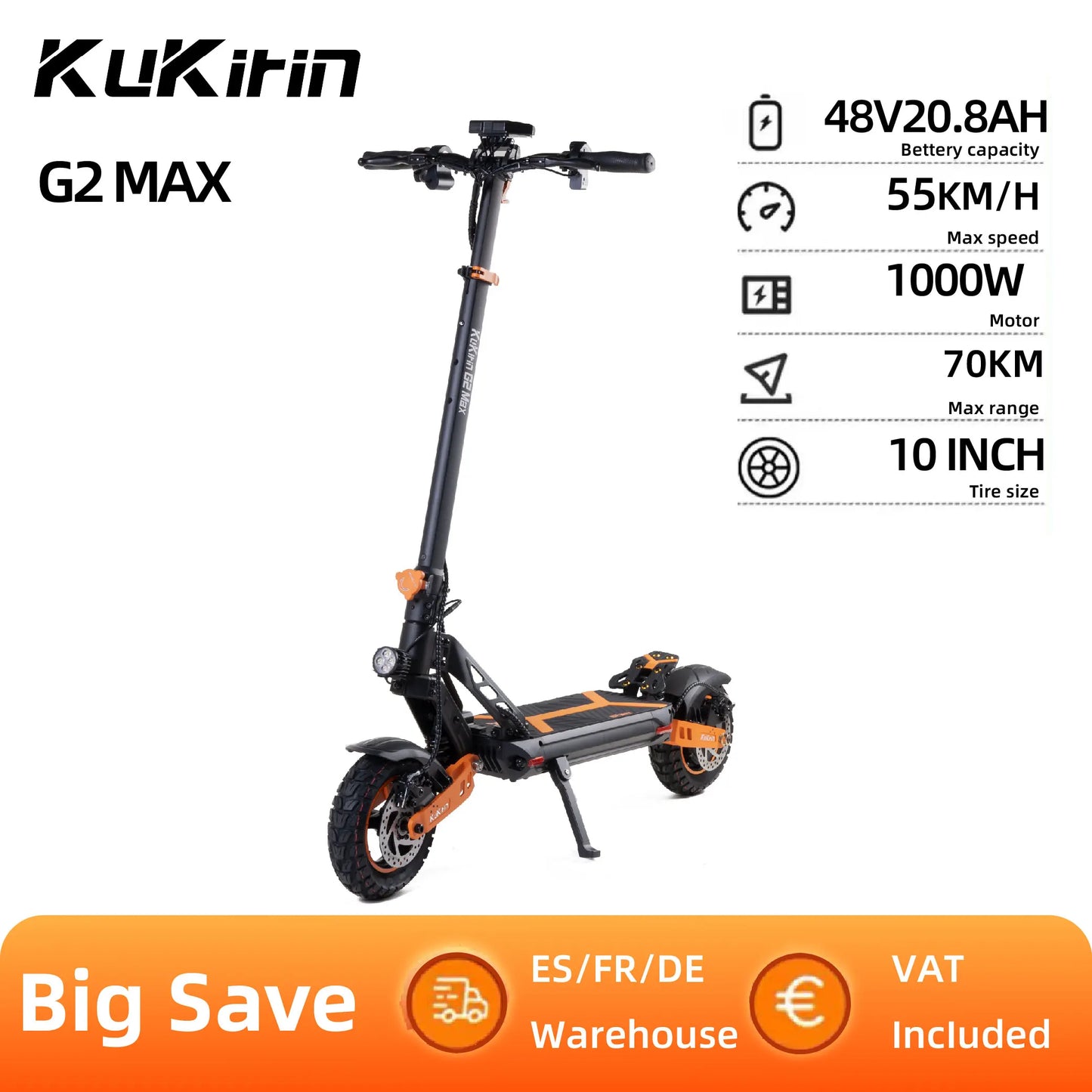 KuKirin G2 Max Electric Scooter For Adult 1000W Motor 48V 20.8AH 10 Inch Wilde Inflatable Tire Off-Road Foldable Escooter