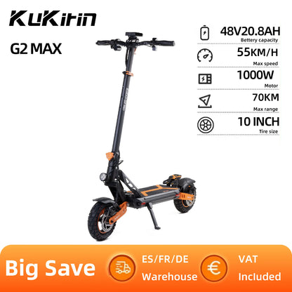 KuKirin G2 Max Electric Scooter For Adult 1000W Motor 48V 20.8AH 10 Inch Wilde Inflatable Tire Off-Road Foldable Escooter