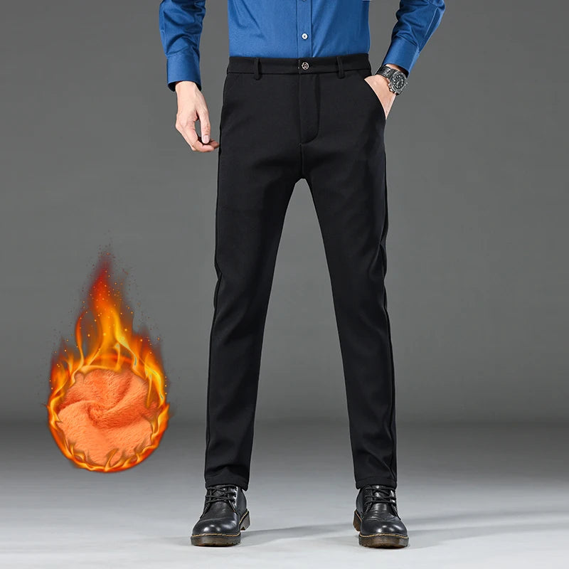 Winter Warm Men's Fleece Plush Pants Business Fashion Classic Style Black Blue Thick Warm Stretch Trousers Male Brand Clothing